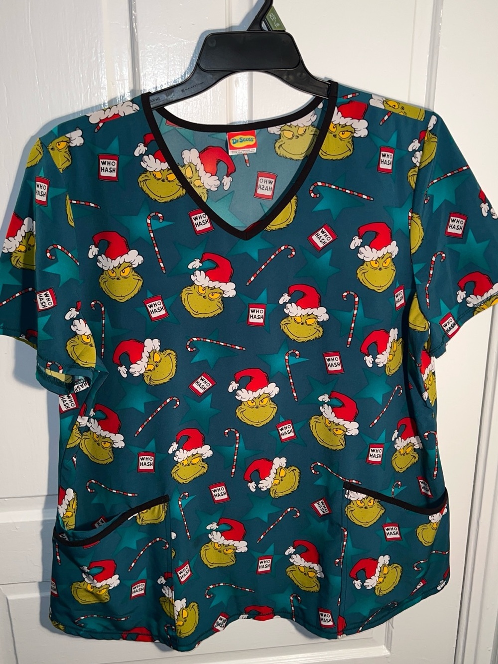Dr. Seuss Teal Grinch Candy Cane Short Sleeve Top scrubs Christmas nurse